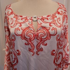 White House Black Market Blouse Top White Pink Scrolls Sexy XL Geometric Summer